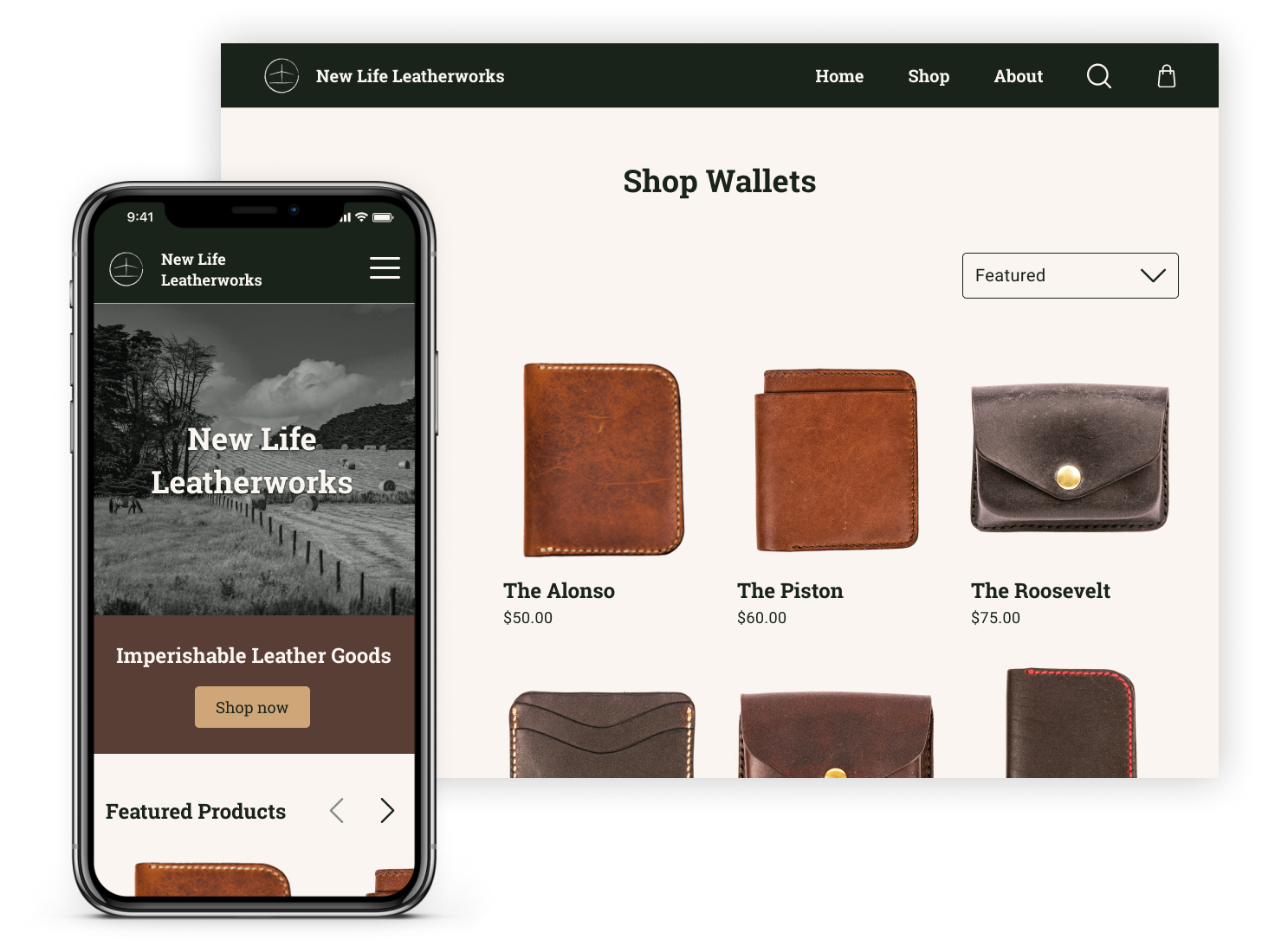 New Life Leatherworks Mockup on Desktop and iPhone