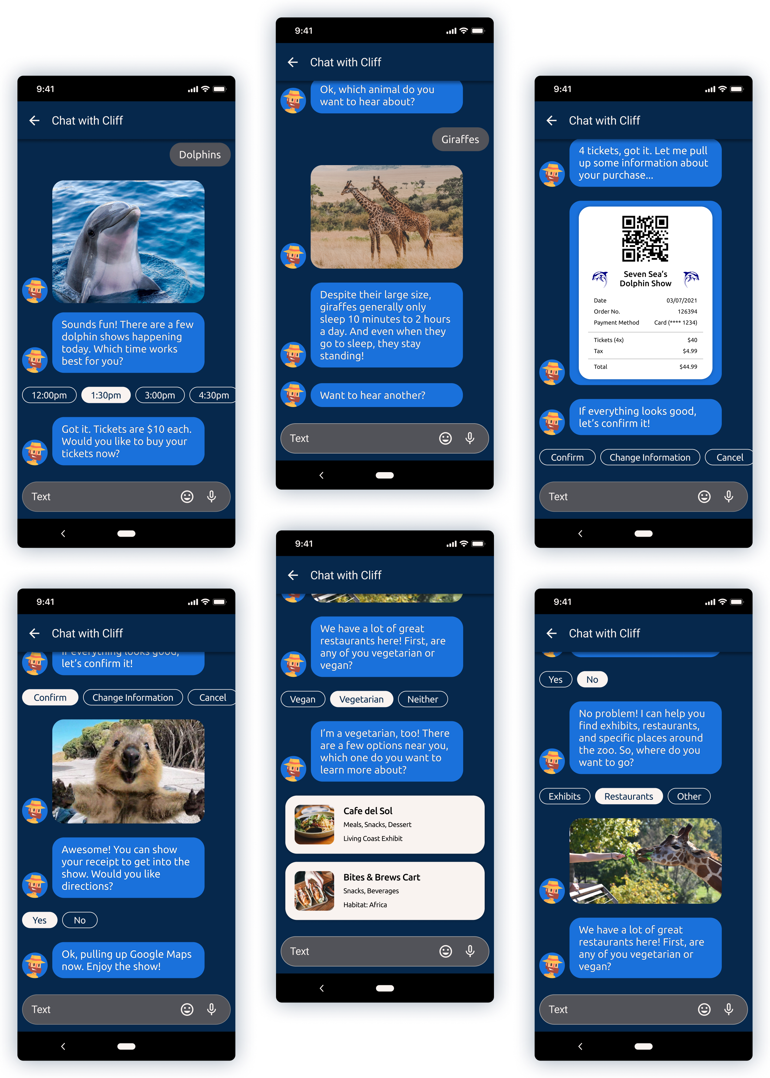 Hi-Fi mockups of multiple screens showing Cliff's conversations