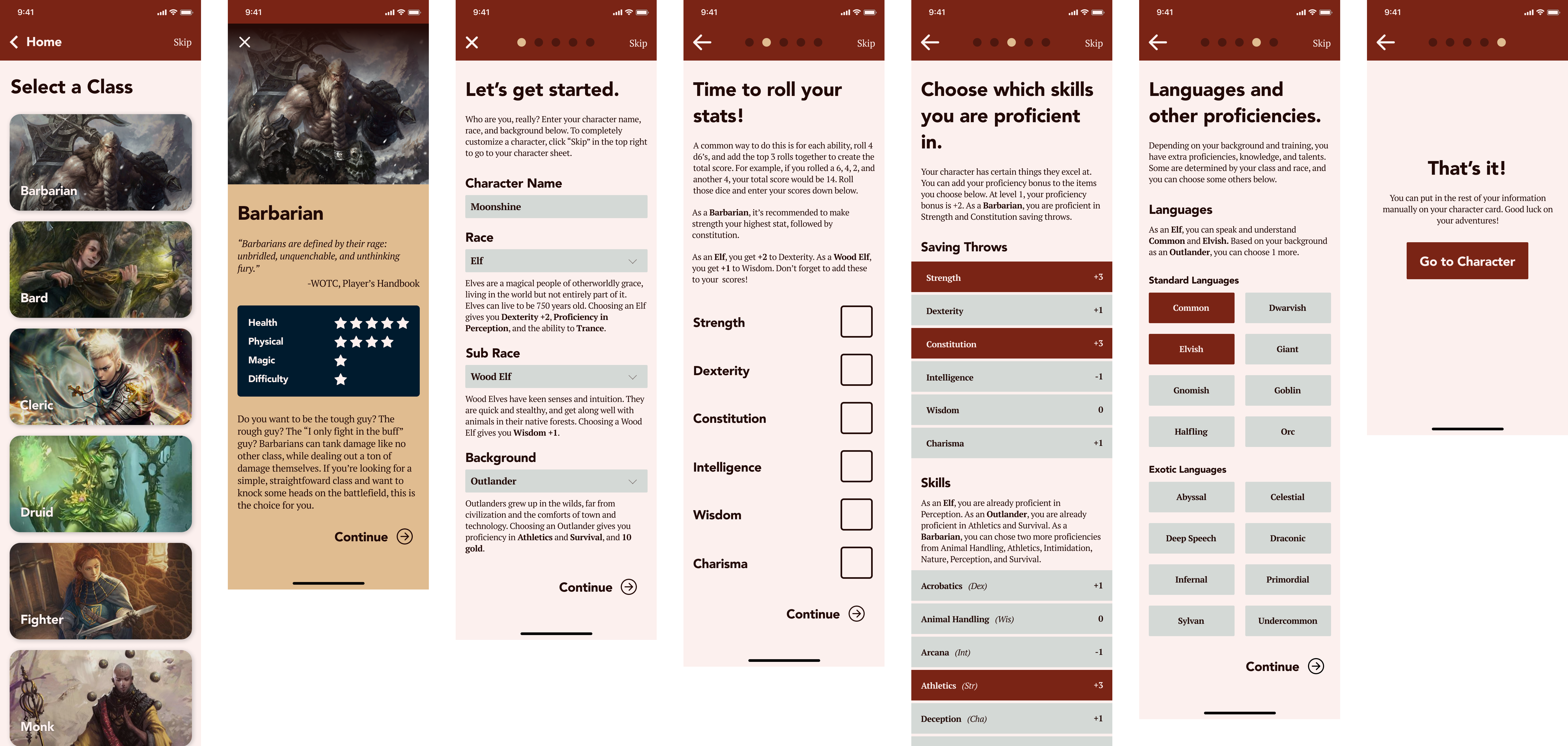 Mockups of the app's Character Creation Process