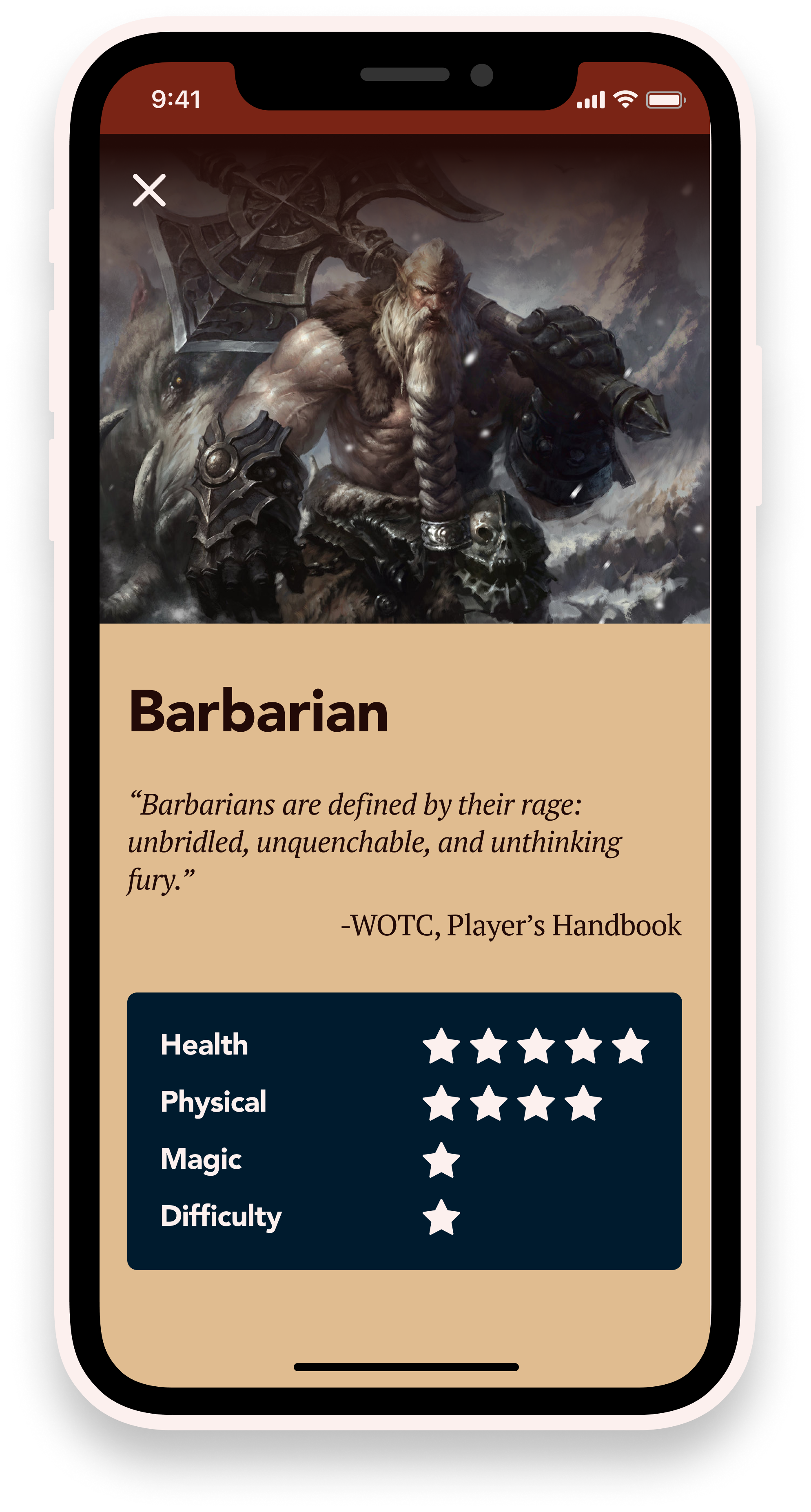 Image showing Barbarian class description with rankings on difficulty, health, and magic