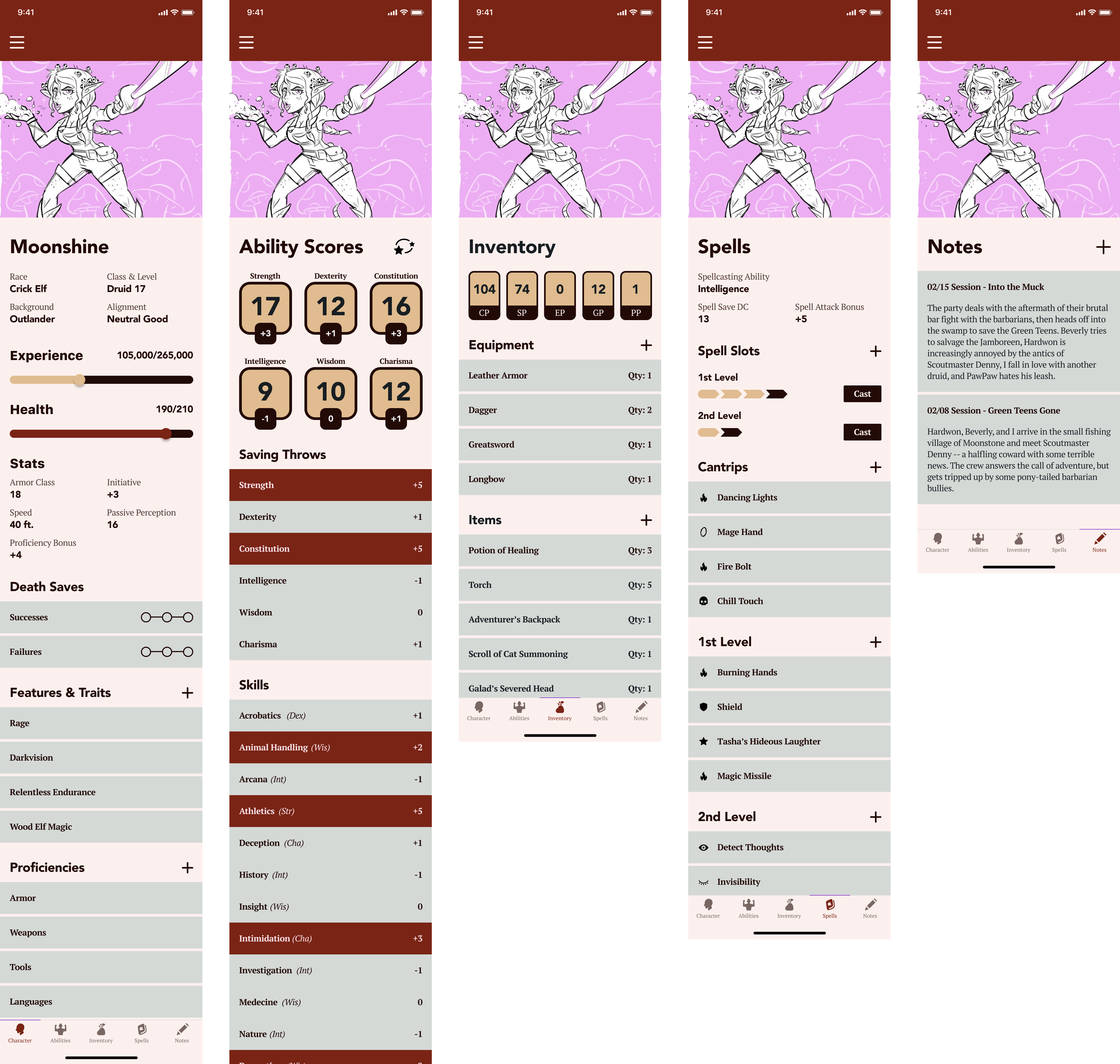 Mockups of the app's Digital Character Sheet