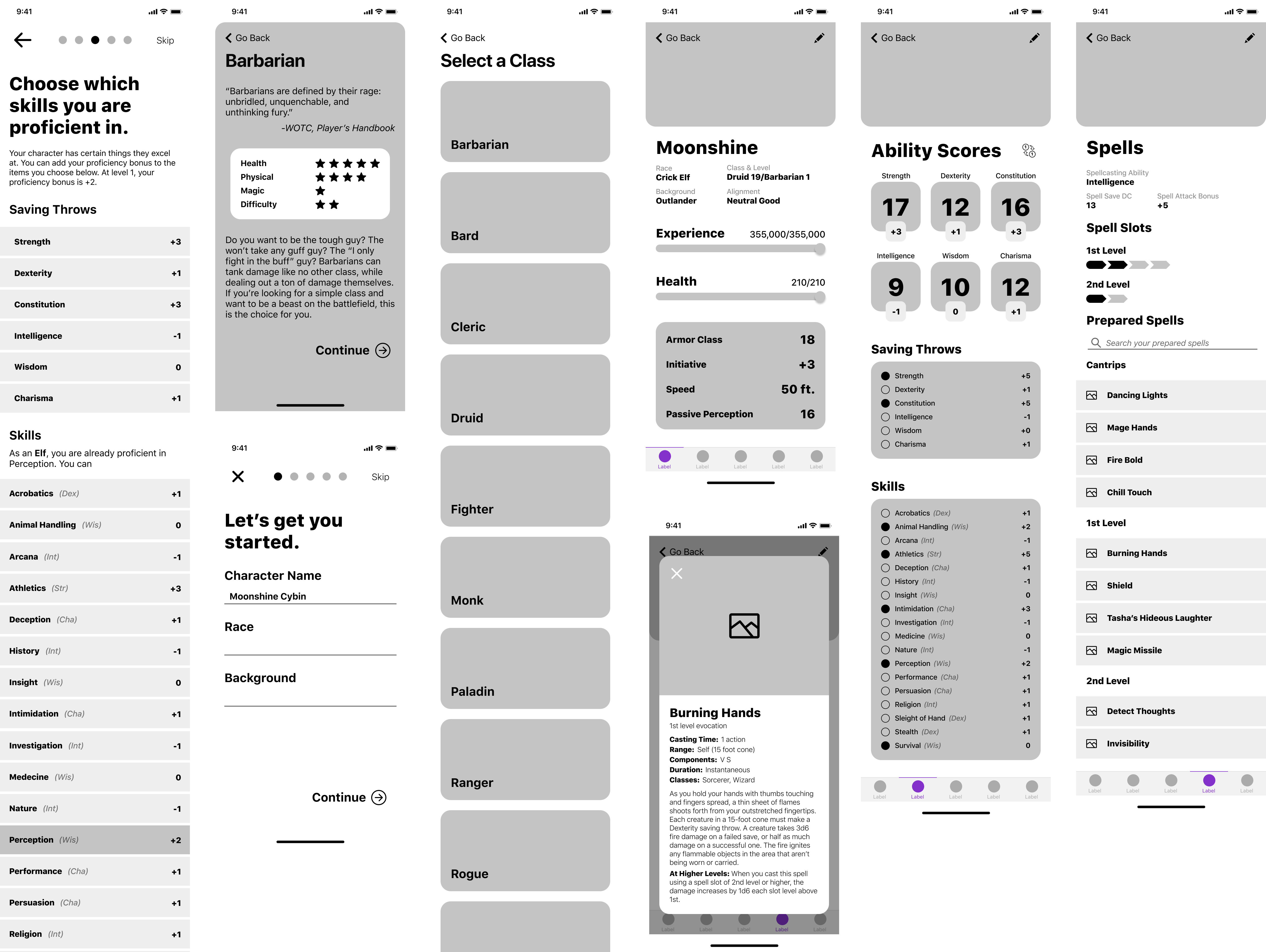 Array of wireframes, showing the beginning idea of the app