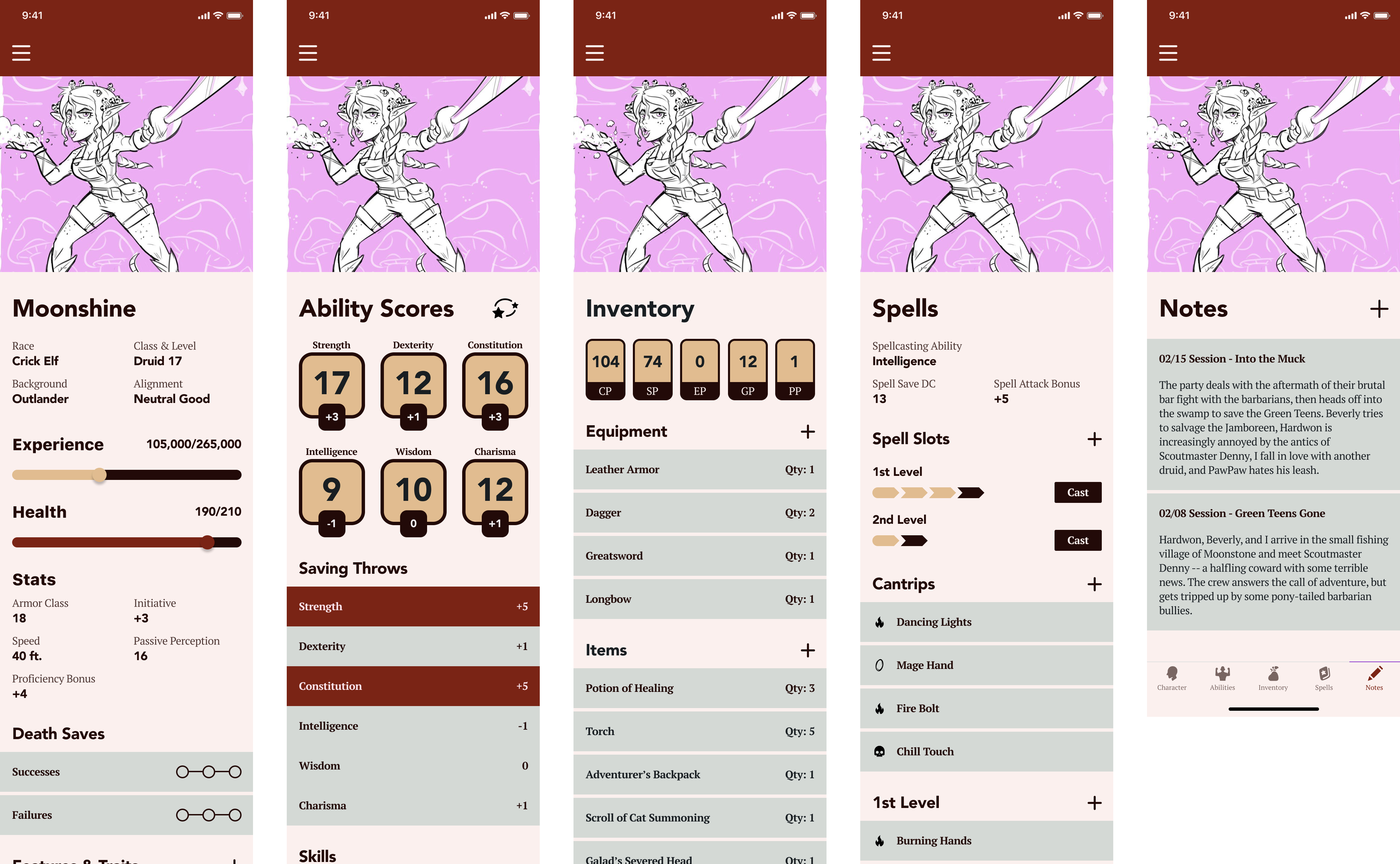 Slide of Character Sheet screens
