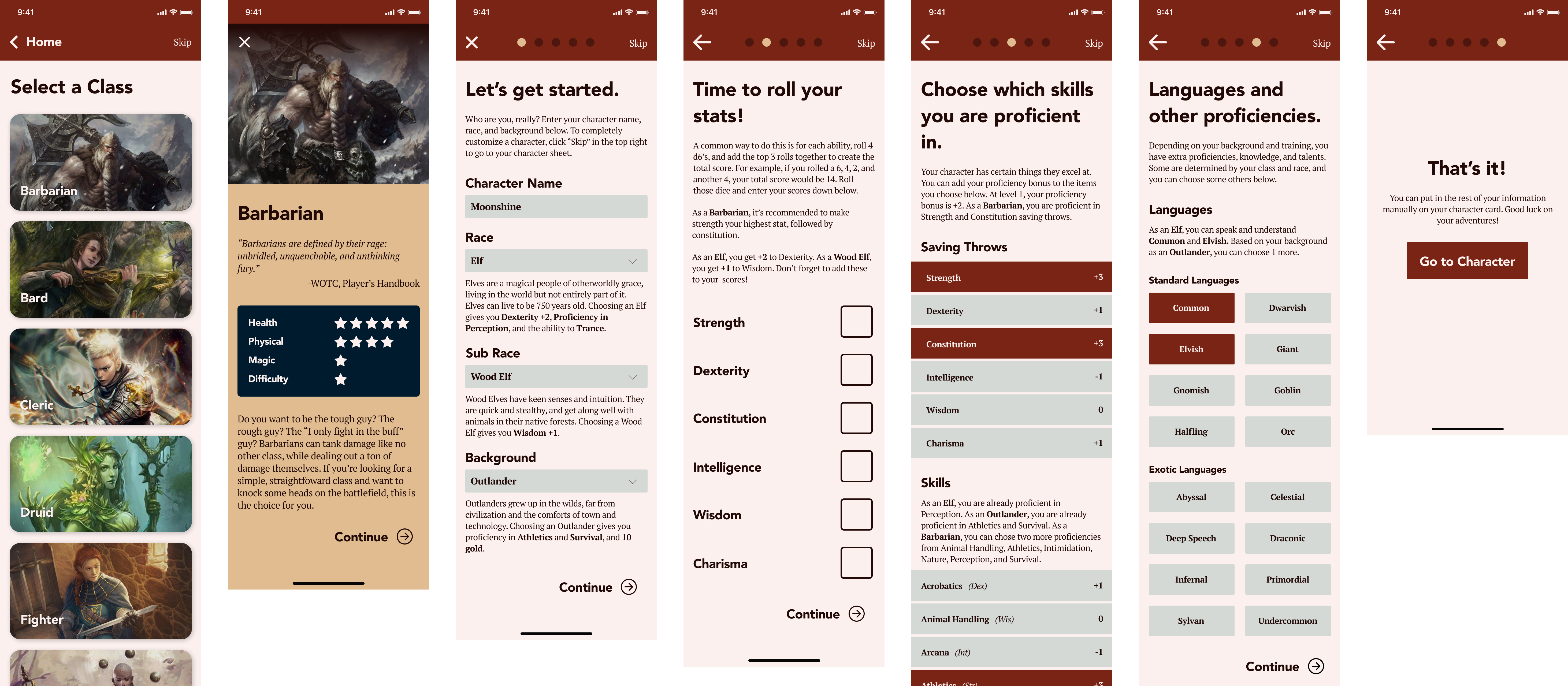 Slide of Character Creation flow