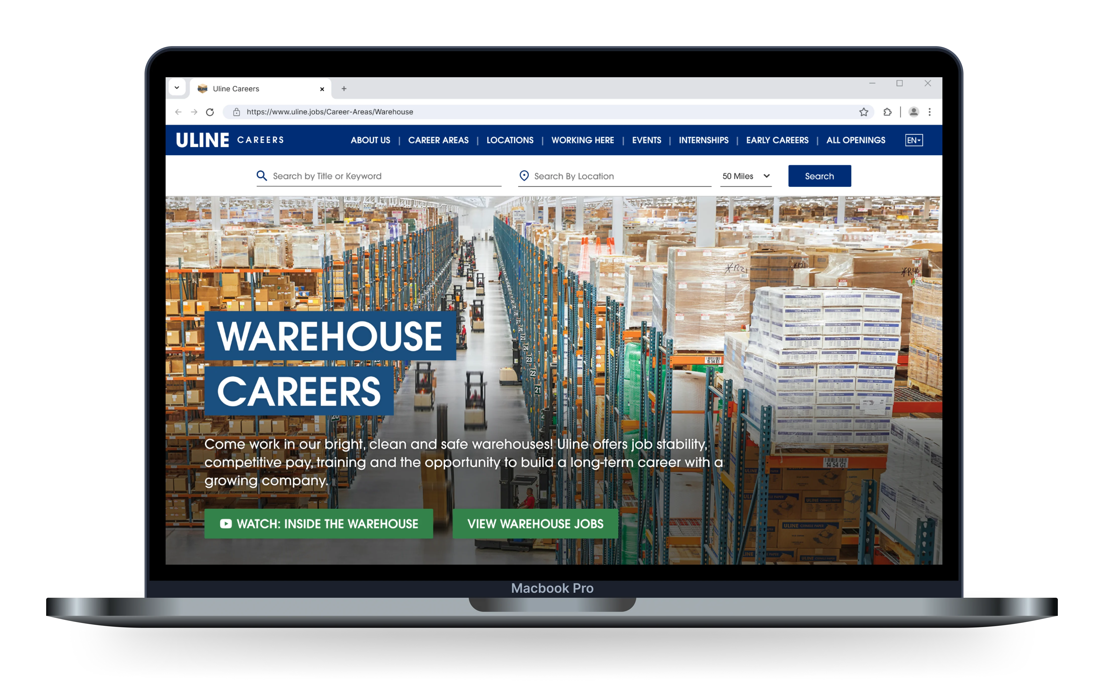 Desktop display of the updated Warehouse page
