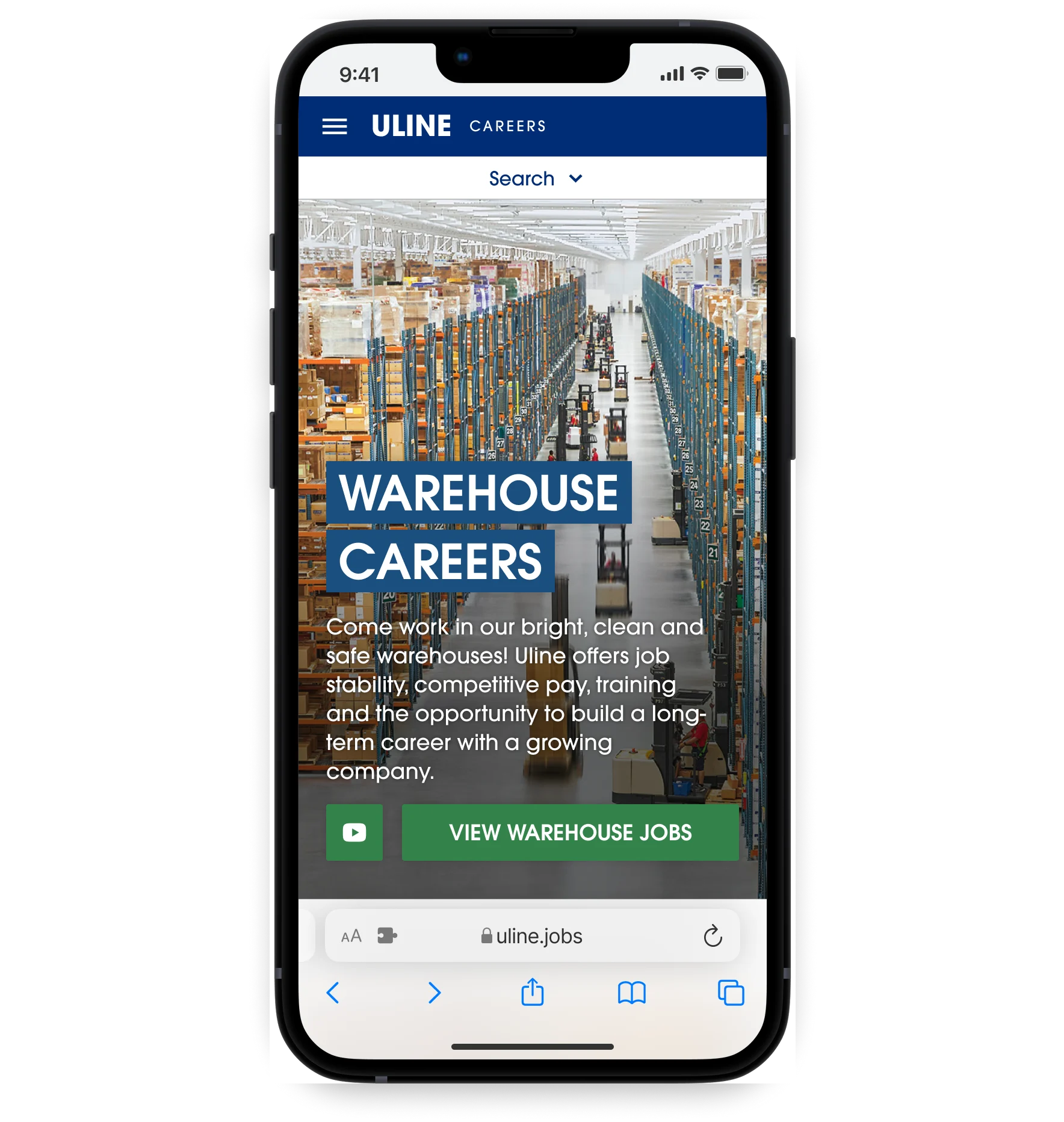 Mobile display of the updated Warehouse page