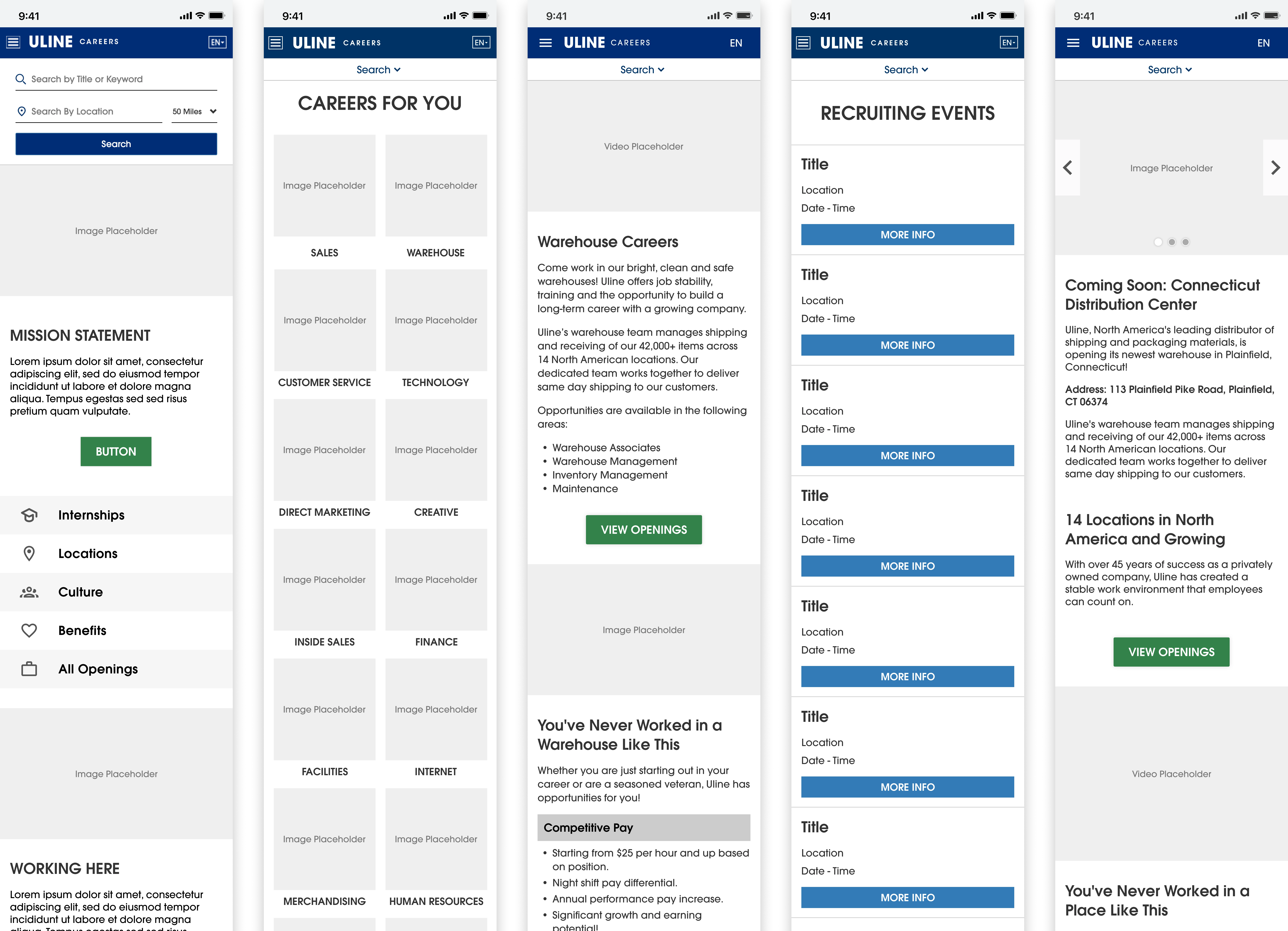 Mobile mockups of multiple pages